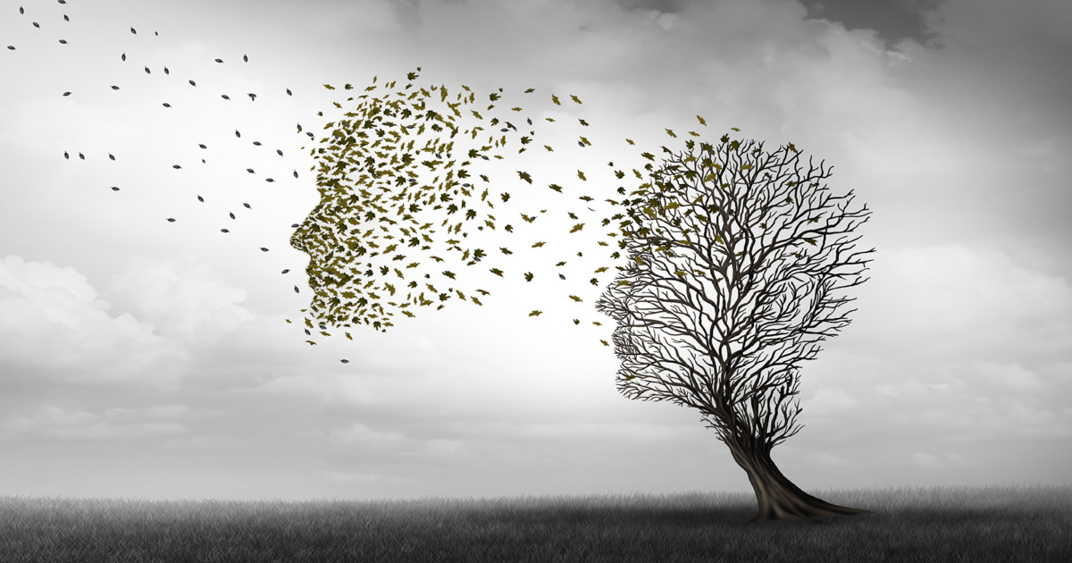 Computer graphic of a tree with the branches shaped like a face and flying leaves away from it arranged like a face representing the impact of dementia and Alzheimer's Disease