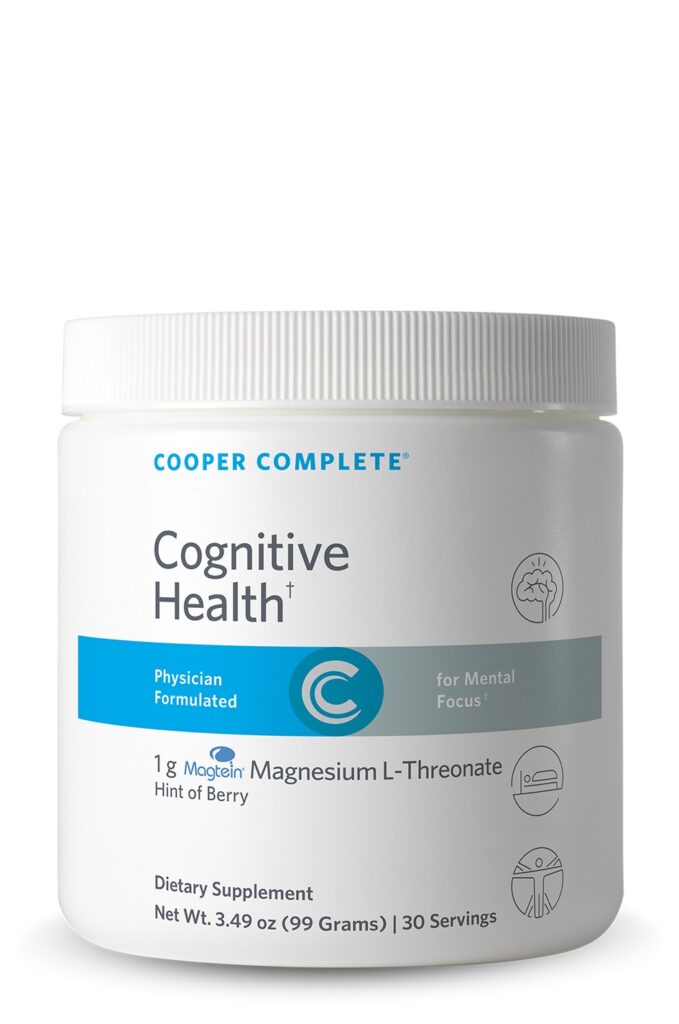 Bottle of Cooper Complete Cognitive Health Magnesium L-Threonate Powder Supplement 1 g Hint of Berry Flavor