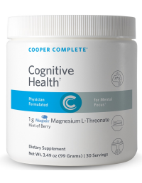 Bottle of Cooper Complete Cognitive Health Magnesium L-Threonate Powder Supplement 1 g Hint of Berry Flavor