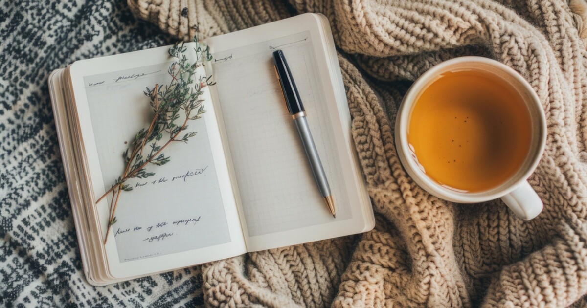 Image of a cup of chamomile tea, open journal with pen, and a few sprigs of aromatic fresh thyme on top of throw.