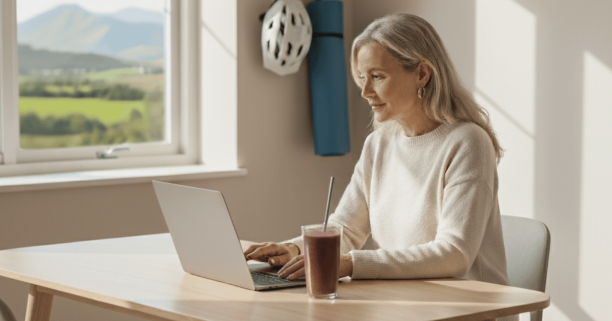 Woman at laptop with bike helmet and yoga mat hanging on wall creatine shake on table