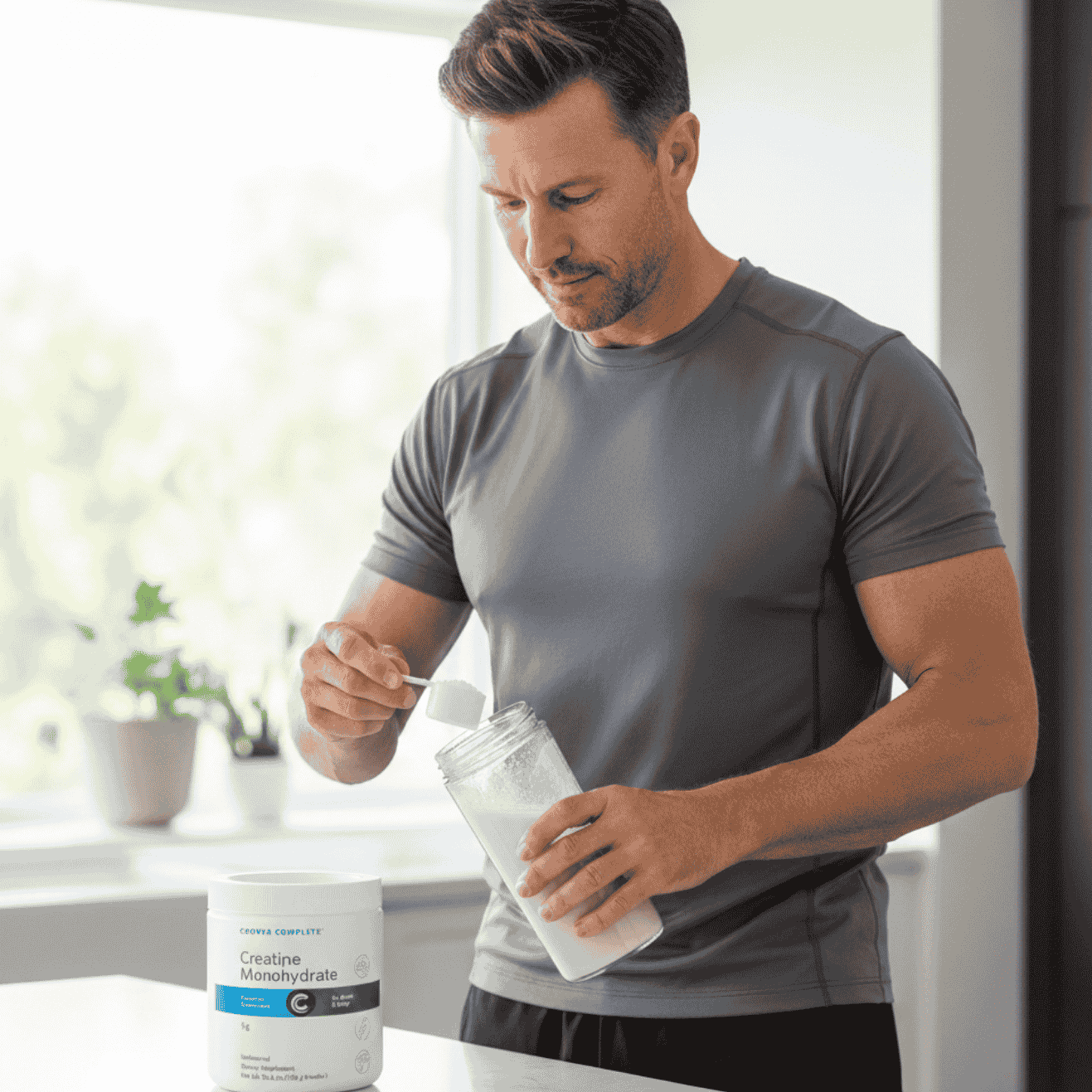 Man standing at counter scooping creatine into protein shake